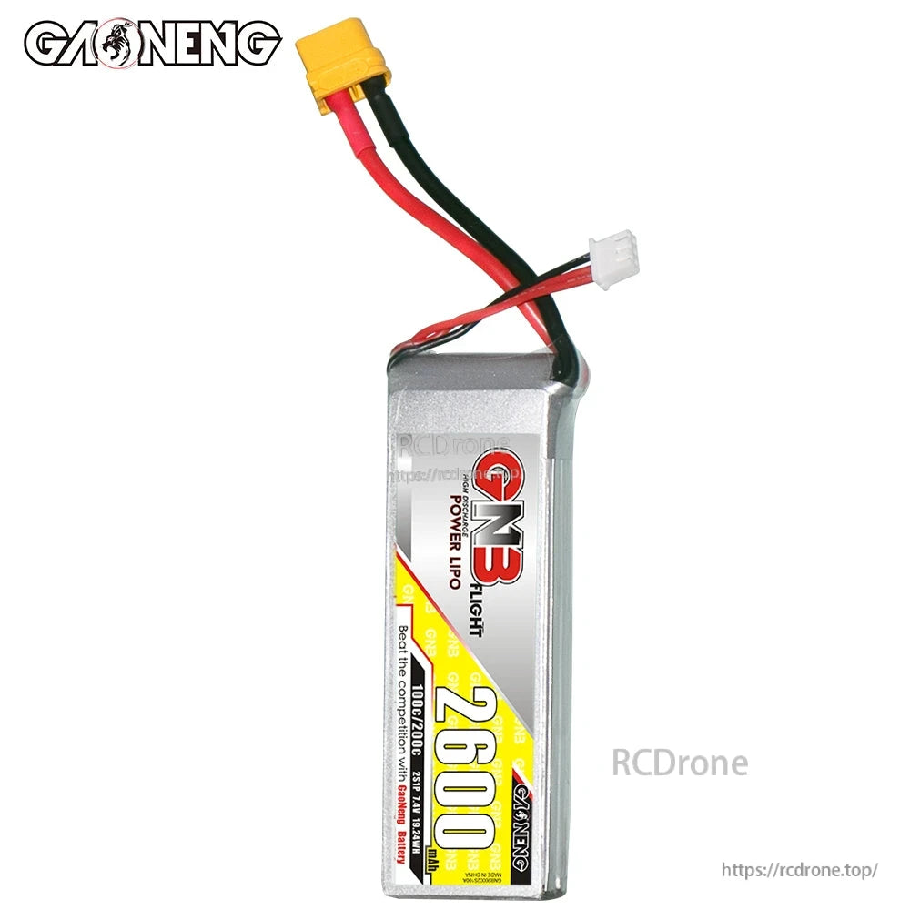 Vertical front view of GNB 2600 battery label with attached XT60 lead and balance plug