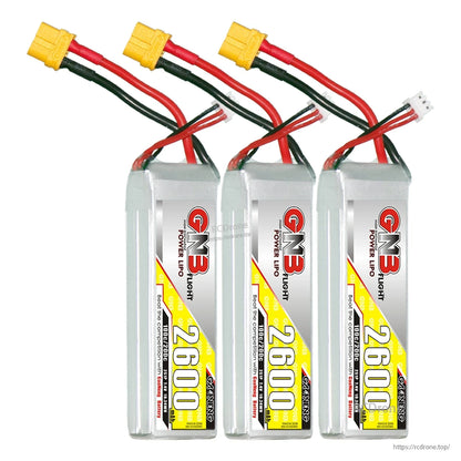 Three-pack bundle of GN3 2600 LiPo batteries with XT60 connectors and balance leads