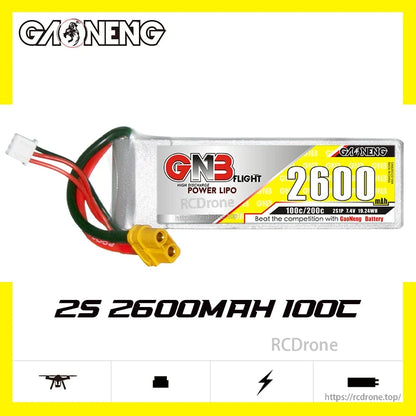 GAONENG GNB 2S 2600mAh 100C LiPo battery product graphic with pack shown side-on
