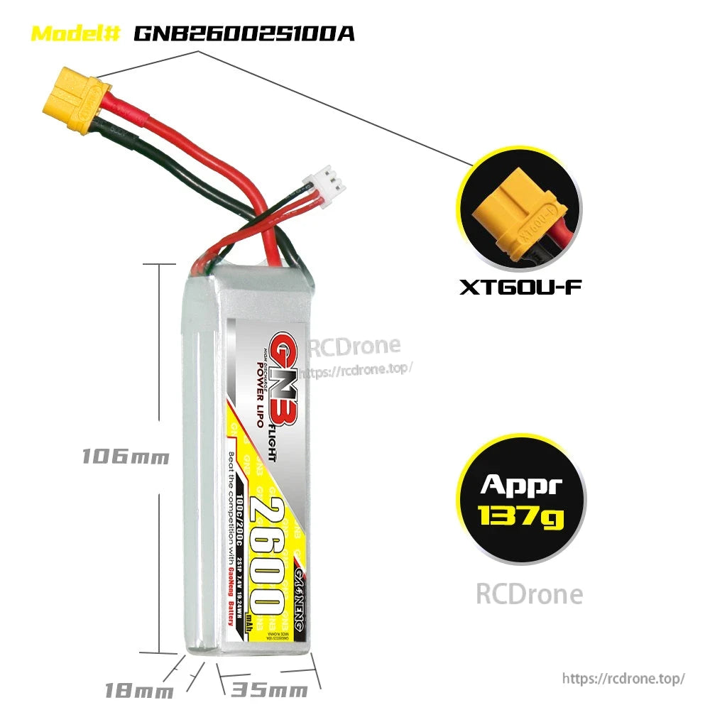 GNB26002S100A battery size diagram 106x35x18mm with XT60U-F plug and approx 137g