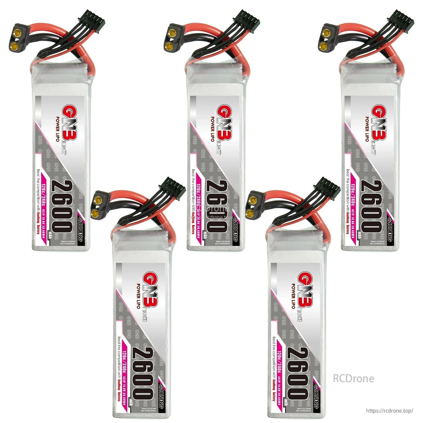 Five GNB 2600mAh LiPo batteries displayed together, upright layout with XT60 plugs