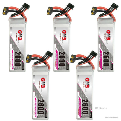 Five GNB 2600mAh LiPo batteries displayed together, upright layout with XT60 plugs