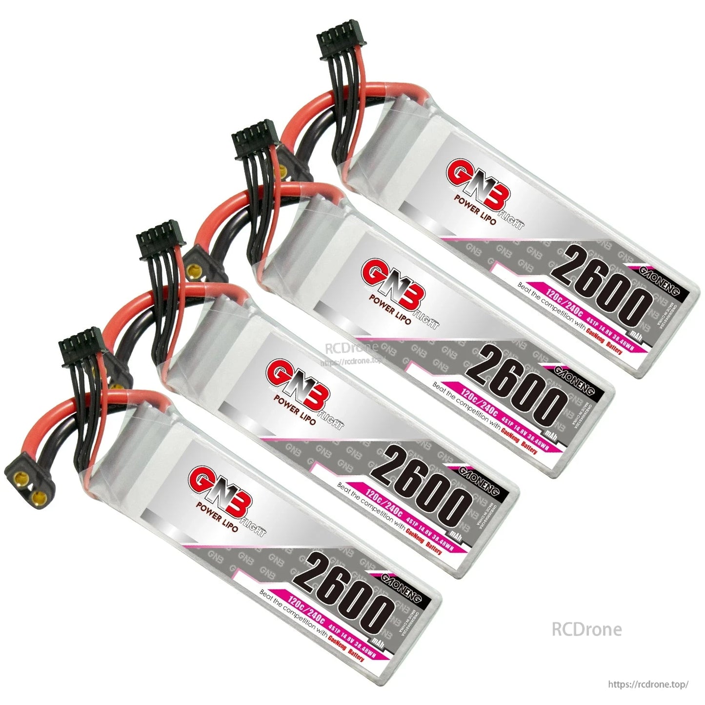 Four GNB 2600mAh LiPo batteries arranged diagonally, label side visible with leads