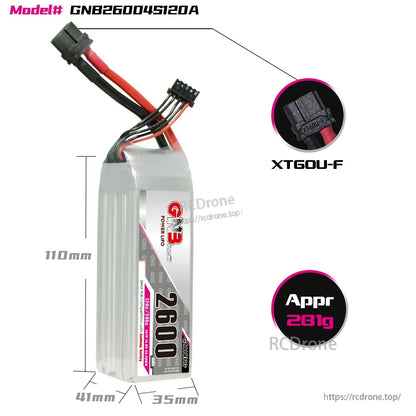 GNB26004S120A battery dimensions graphic with XT60U-F connector close-up and approx 281g weight