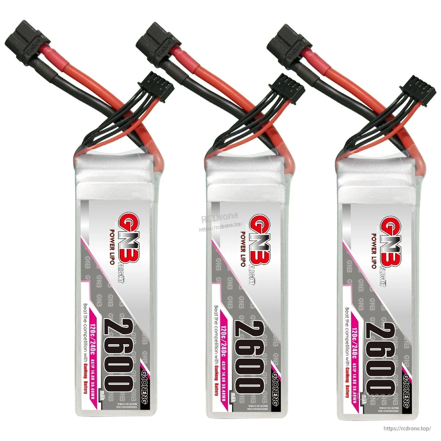 Three GNB 2600mAh LiPo batteries shown upright with XT60 connectors, front label view