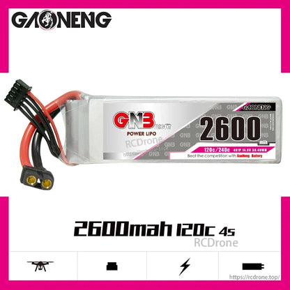 باتری GAONENG GNB GNB26004S120A 4S 14.8V 2600mAh 120C LiPo با کانکتور XT60 مناسب برای کوادکوپتر، هواپیما و ماشین کنترلی