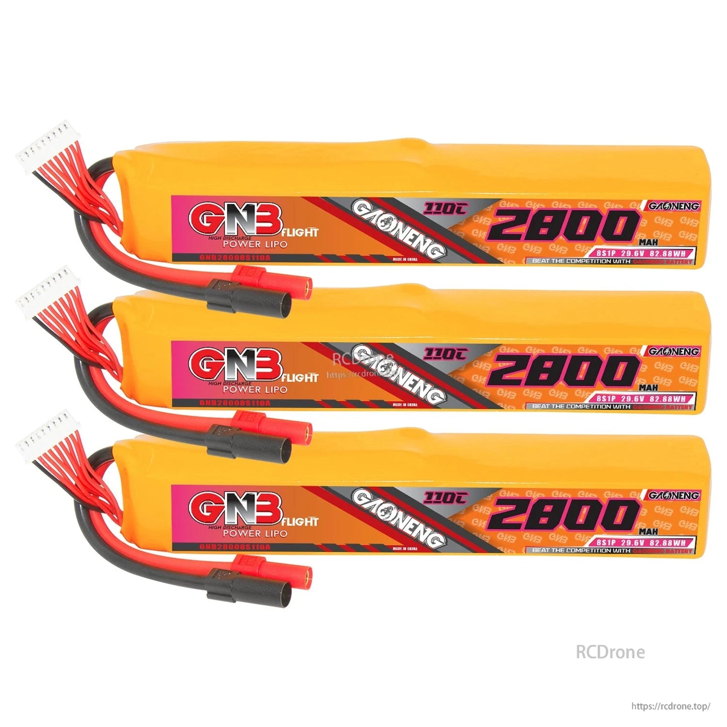 Three GAONENG GNB 2800mAh 110C LiPo packs displayed as a 3-pack with XT150 connectors