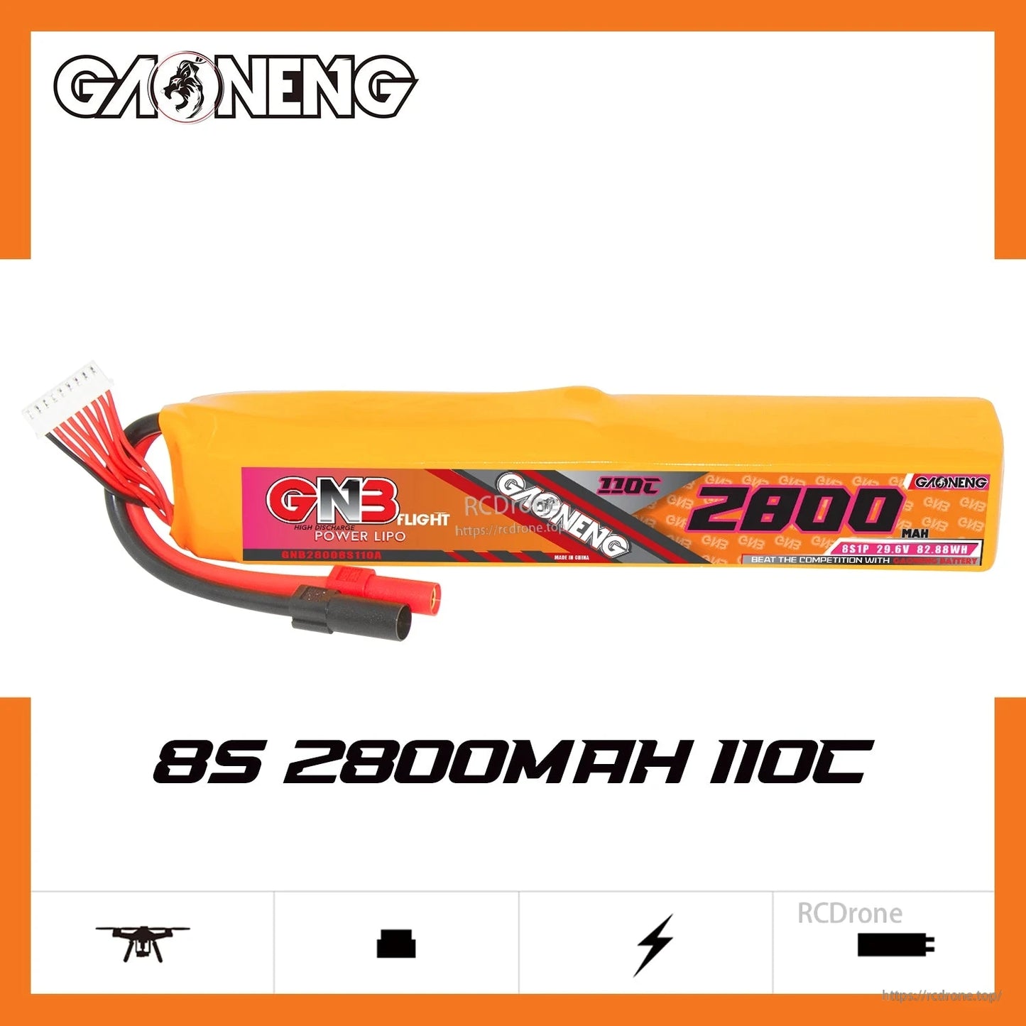 GNB 8S 2800mAh 110C LiPo battery side profile on branded graphic background