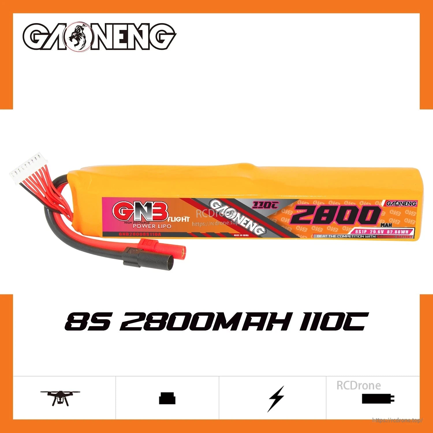 GNB 8S 2800mAh 110C LiPo battery side profile on branded graphic background