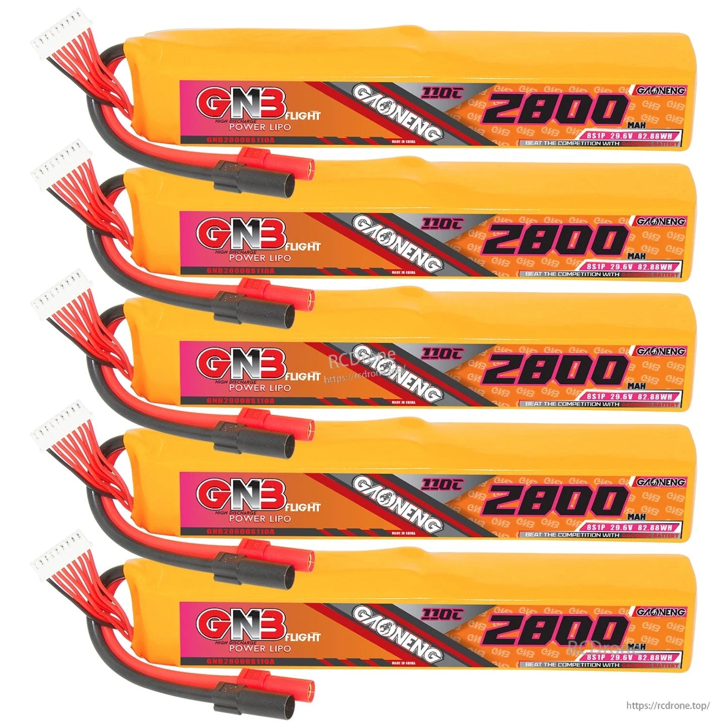 Five GNB 2800mAh 110C LiPo battery packs stacked together, each with XT150 connector and balance plug