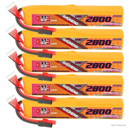 Five GNB 2800mAh 110C LiPo battery packs stacked together, each with XT150 connector and balance plug
