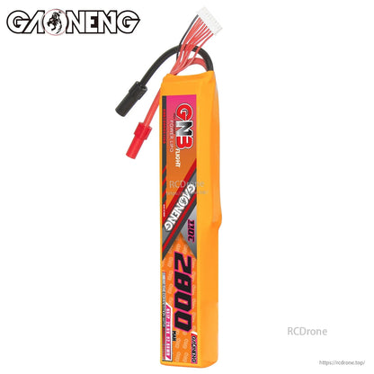 Vertical end view of GAONENG GNB battery showing thickness and wire exit with XT150 discharge plug