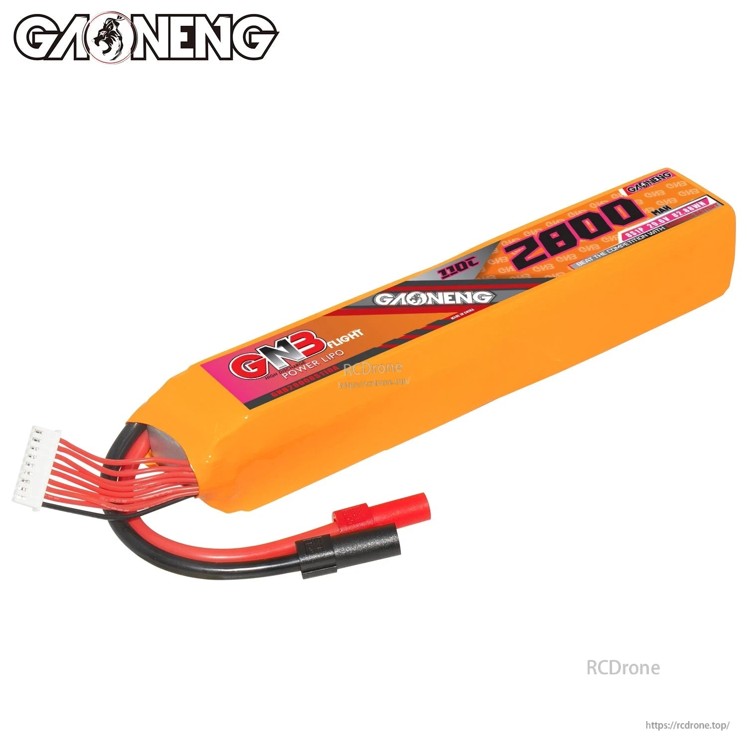 Angled view of GNB 2800mAh 110C pack showing label panel, balance connector, and XT150 discharge lead