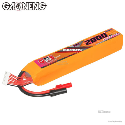 Angled view of GNB 2800mAh 110C pack showing label panel, balance connector, and XT150 discharge lead