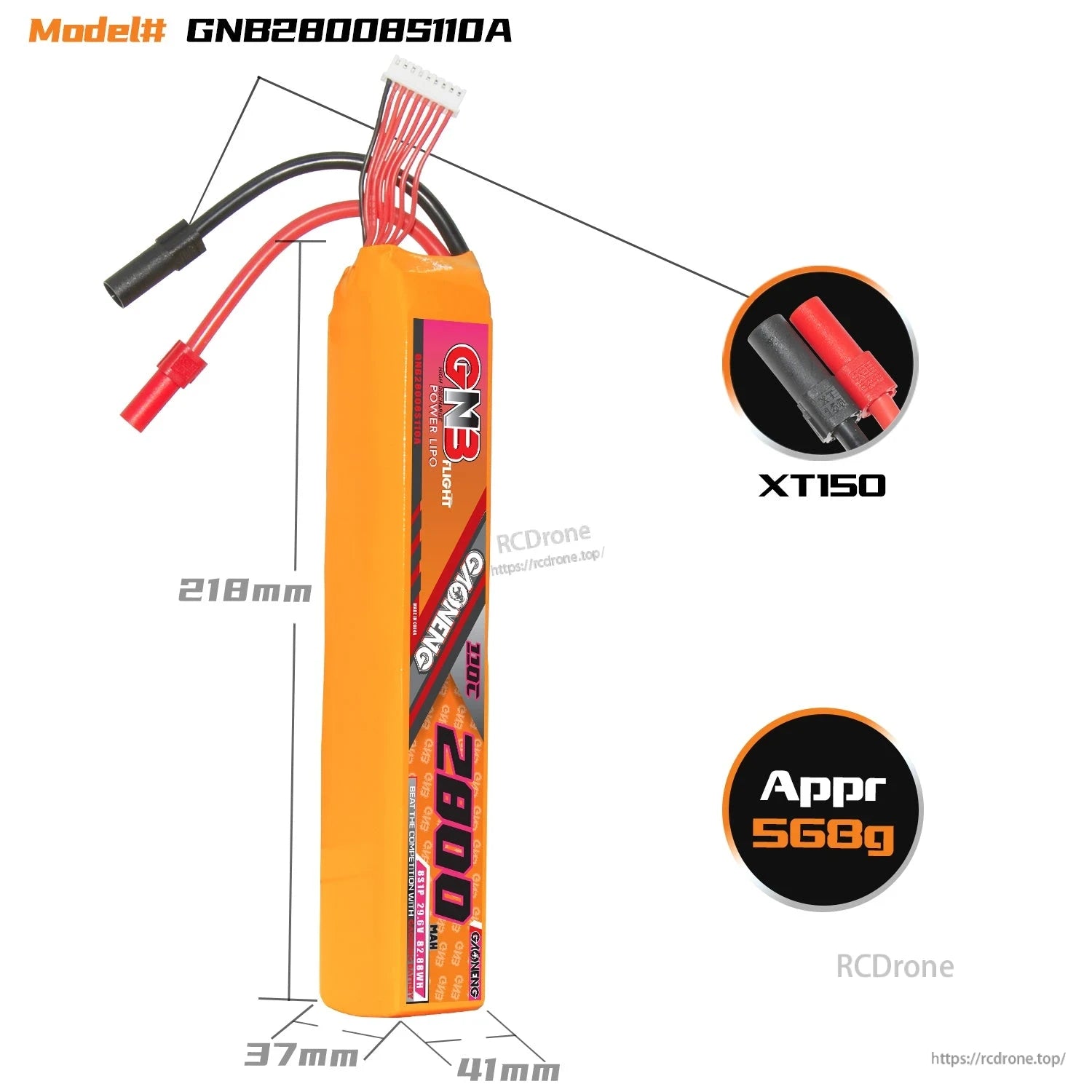 GNB28008S110A battery dimensions diagram with XT150 connector close-up and approximate 568g weight note