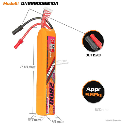 GNB28008S110A battery dimensions diagram with XT150 connector close-up and approximate 568g weight note
