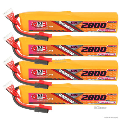 Four GAONENG GNB 2800mAh 110C LiPo battery packs stacked with XT150 discharge plugs and balance leads