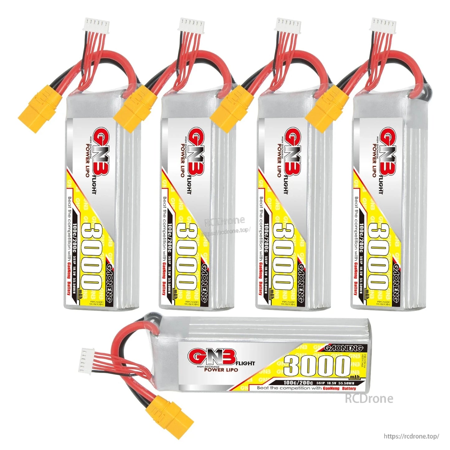 Set of five GNB 3000mAh LiPo batteries, four upright and one horizontal, XT90 plugs shown