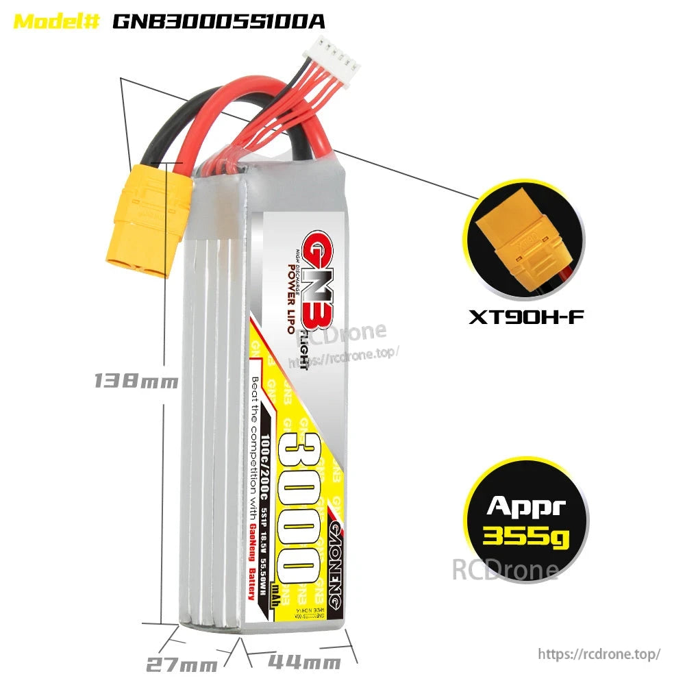 Battery dimensions diagram for GNB30005S100A showing XT90H-F plug and approx 355.9g weight