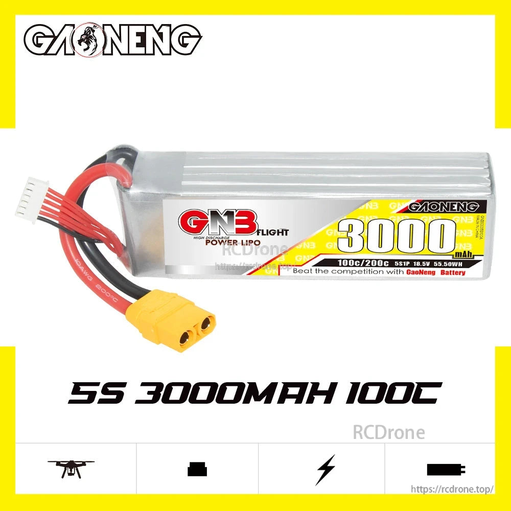 GAONENG GNB 5S 3000mAh 100C LiPo battery product graphic with specs text