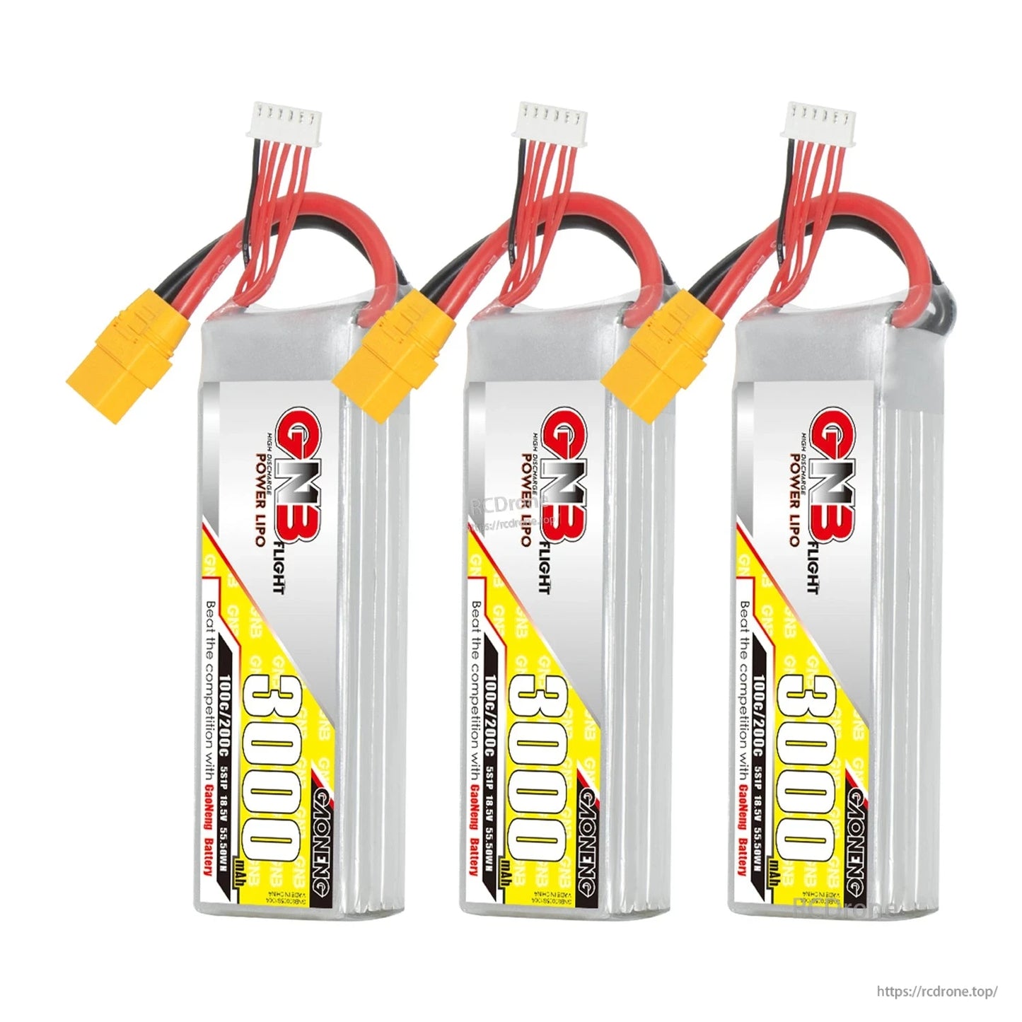 Three-pack display of GNB 3000mAh LiPo batteries with XT90 connectors