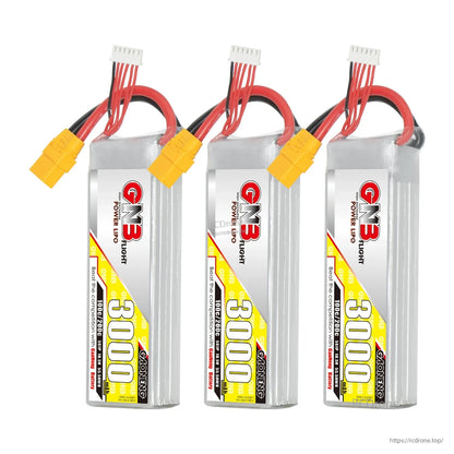 Three-pack display of GNB 3000mAh LiPo batteries with XT90 connectors