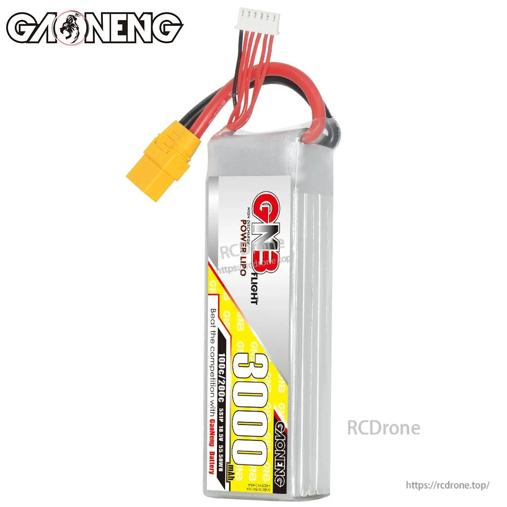 GNB 3000mAh LiPo battery upright front view with wires and XT90 connector visible