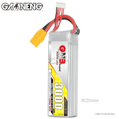 GNB 3000mAh LiPo battery upright front view with wires and XT90 connector visible
