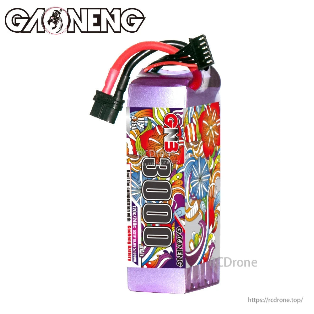 Upright battery pack angled view showing colorful wrap, XT60 discharge cable and balance lead