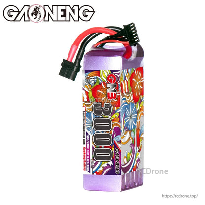 Upright battery pack angled view showing colorful wrap, XT60 discharge cable and balance lead