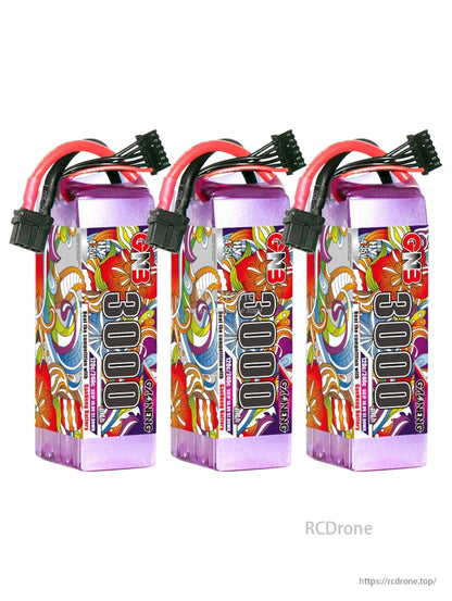 Three GNB 3000mAh LiHV battery packs group photo with XT60 leads and balance connectors
