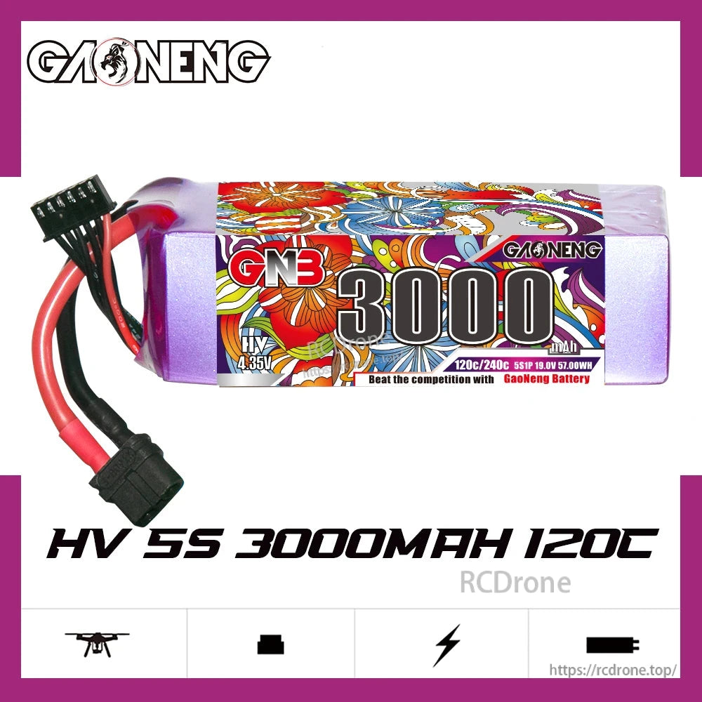 GAONENG GNB 5S 3000mAh 120C LiHV battery with XT60 lead, side label view on white background