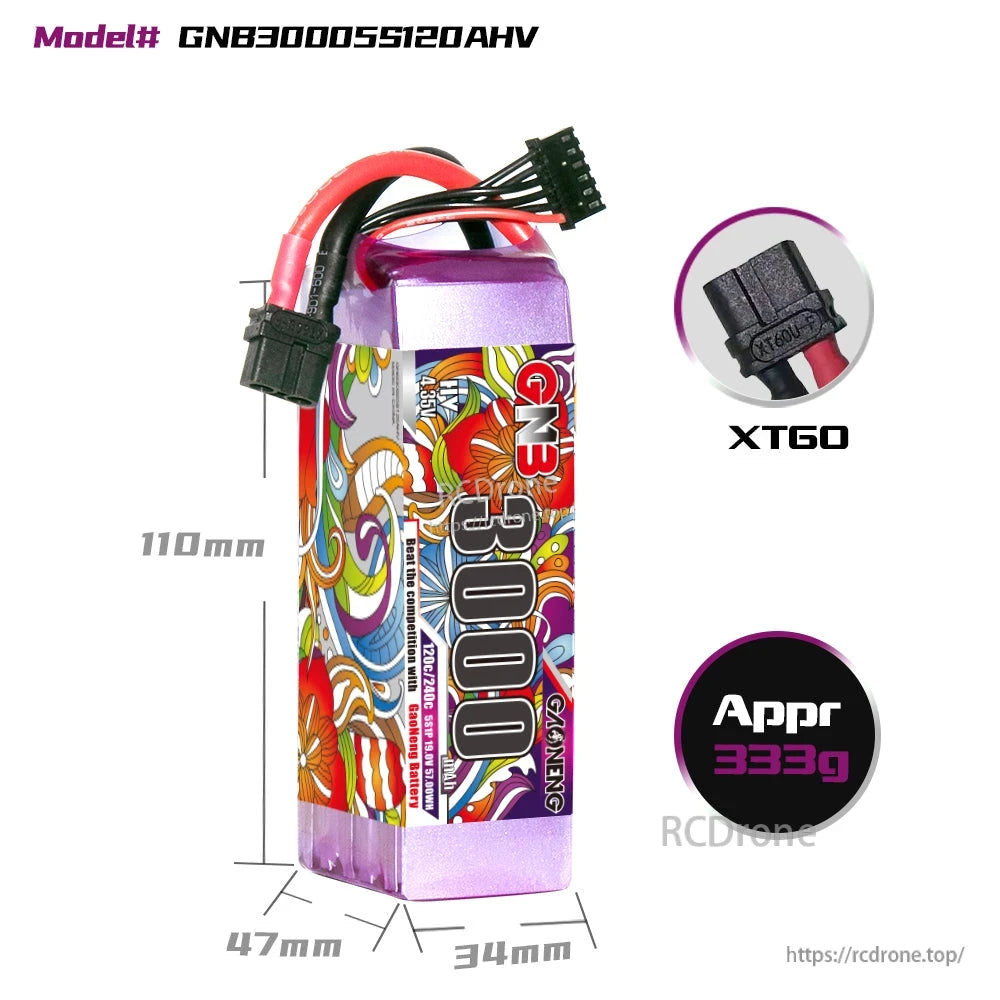 GNB30005S120AHV battery dimensions graphic with XT60 connector close-up and approx 333g weight