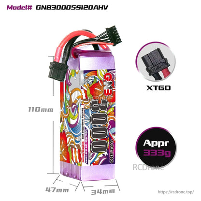 GNB30005S120AHV battery dimensions graphic with XT60 connector close-up and approx 333g weight