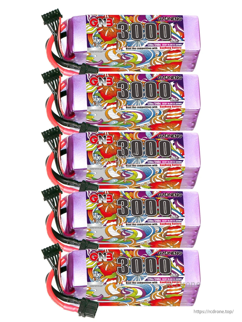 Five GNB 3000mAh LiHV battery packs stacked together, labels visible with XT60 discharge leads