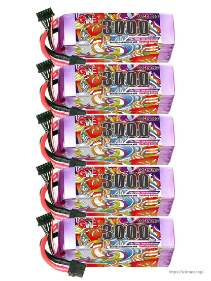 Five GNB 3000mAh LiHV battery packs stacked together, labels visible with XT60 discharge leads