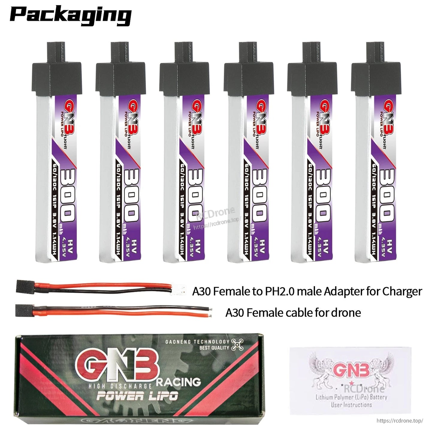 Packaging display showing six GNB 300mAh HV batteries with A30 adapter cable, box and manual