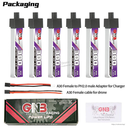 Packaging display showing six GNB 300mAh HV batteries with A30 adapter cable, box and manual