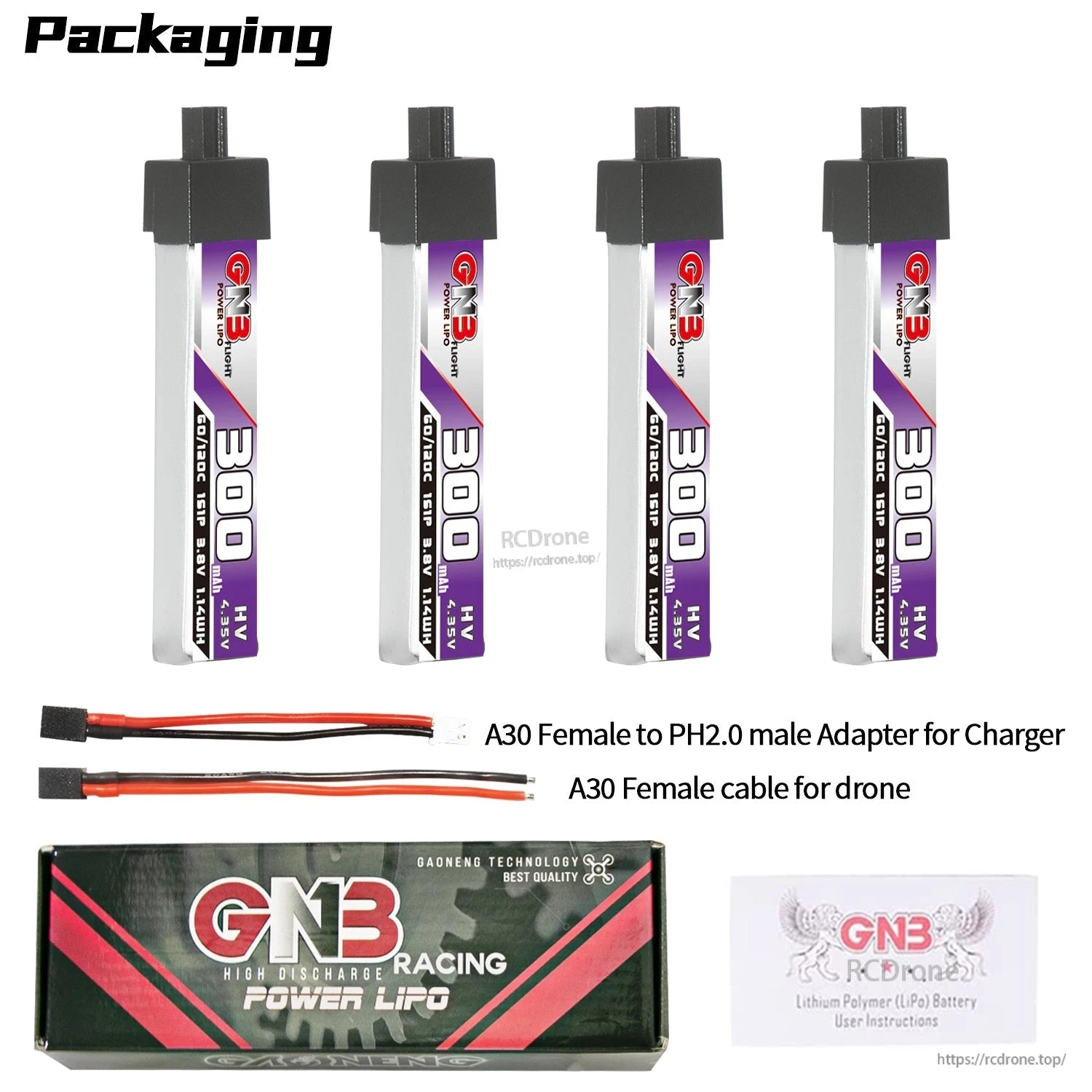 Packaging contents layout: four 300mAh LiHV batteries, A30 cables, GNB box and manual