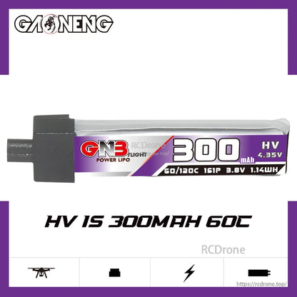 Side profile of GNB 300mAh HV LiPo with printed 60C/120C and 4.35V label