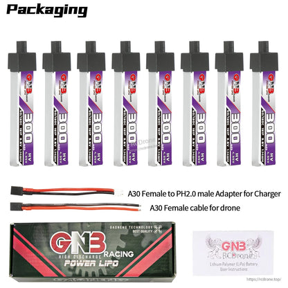 Packaging display showing eight GNB 300mAh HV batteries with A30 to PH2.0 adapter and box