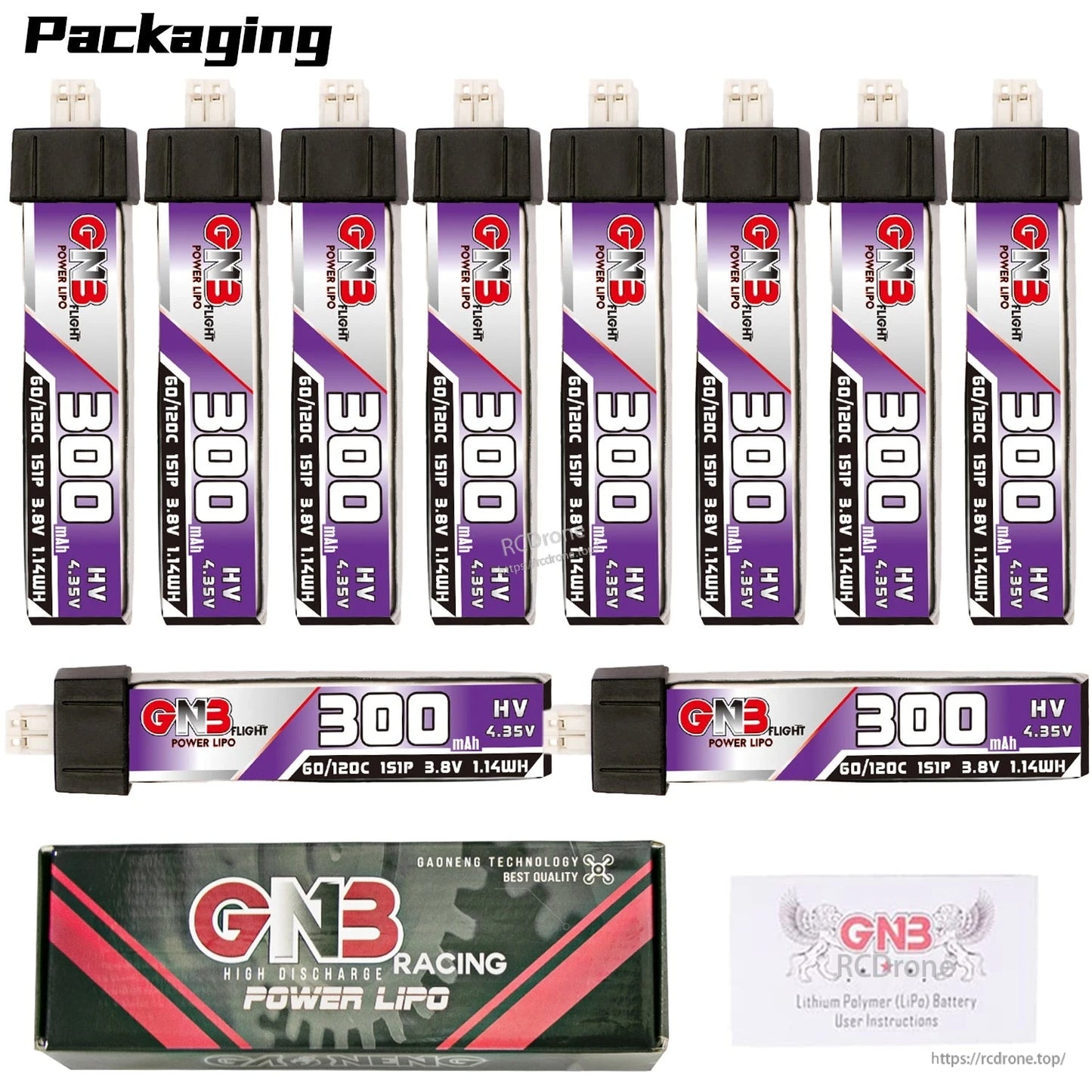 Packaging contents: ten GNB 300mAh 1S LiHV batteries (8 upright, 2 horizontal) with box and leaflet