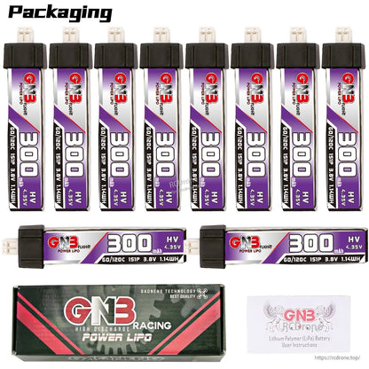 Packaging contents: ten GNB 300mAh 1S LiHV batteries (8 upright, 2 horizontal) with box and leaflet