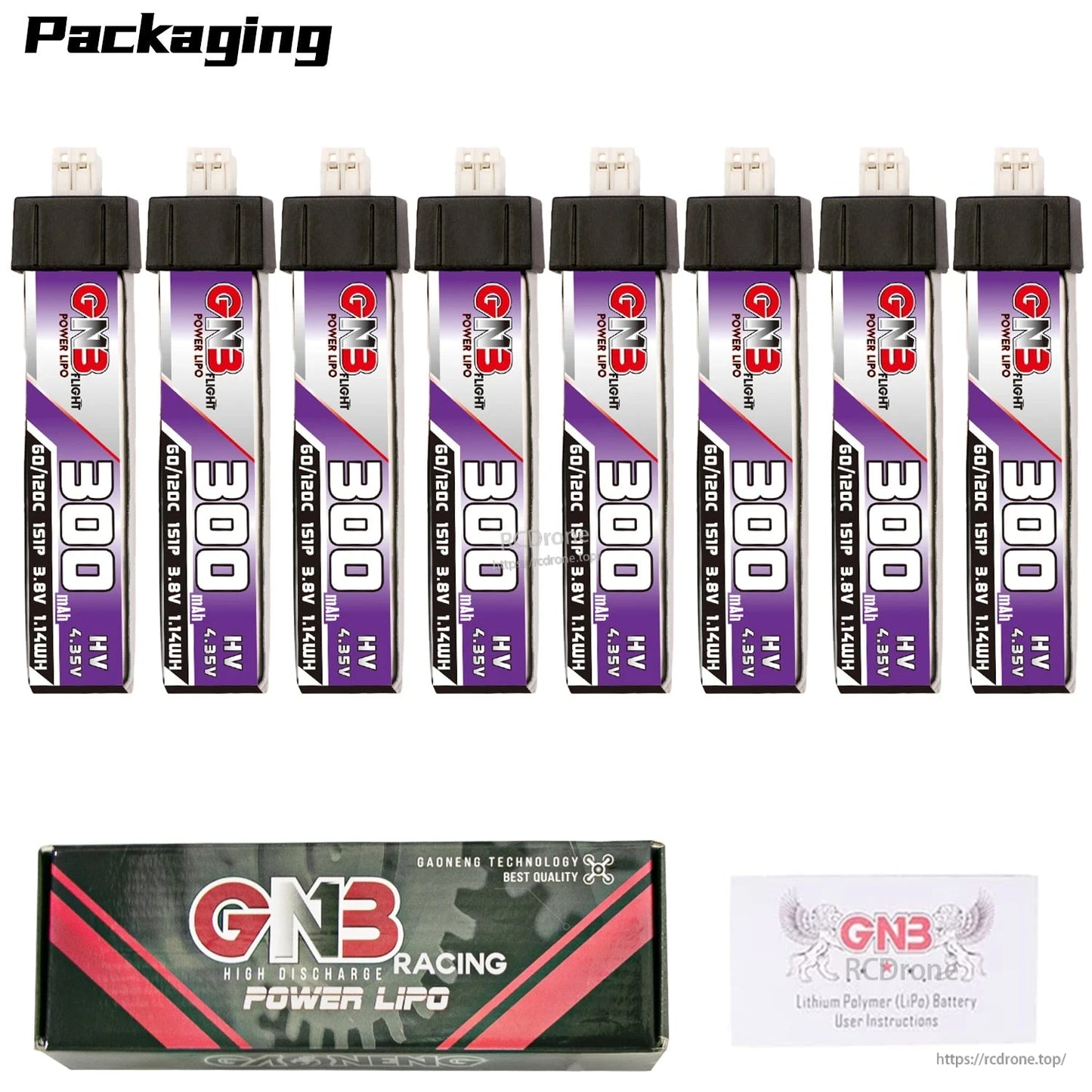 Packaging contents: 8x GNB 300mAh 1S LiHV batteries with GNB Racing Power LiPo box and instructions card