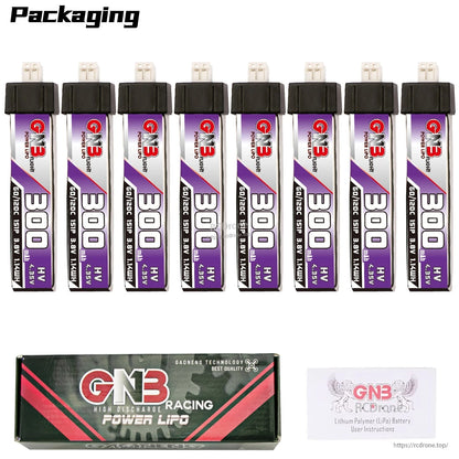 Packaging contents: 8x GNB 300mAh 1S LiHV batteries with GNB Racing Power LiPo box and instructions card