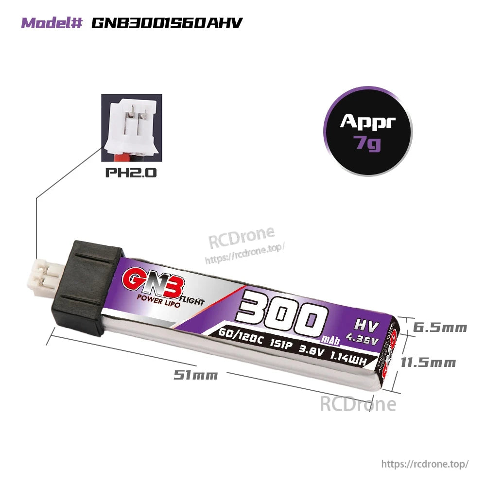 GNB3001S60AHV battery dimensions diagram with PH2.0 plug close-up (approx. 51 x 11.5 x 6.5 mm)