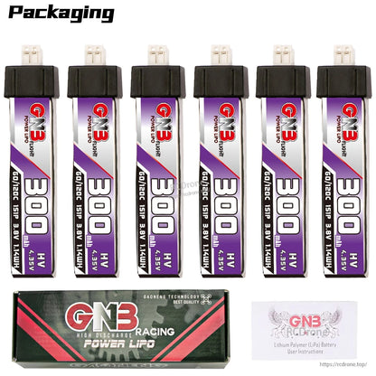 Packaging contents: 6x GNB 300mAh LiHV 1S batteries with GNB Racing Power LiPo retail box and leaflet