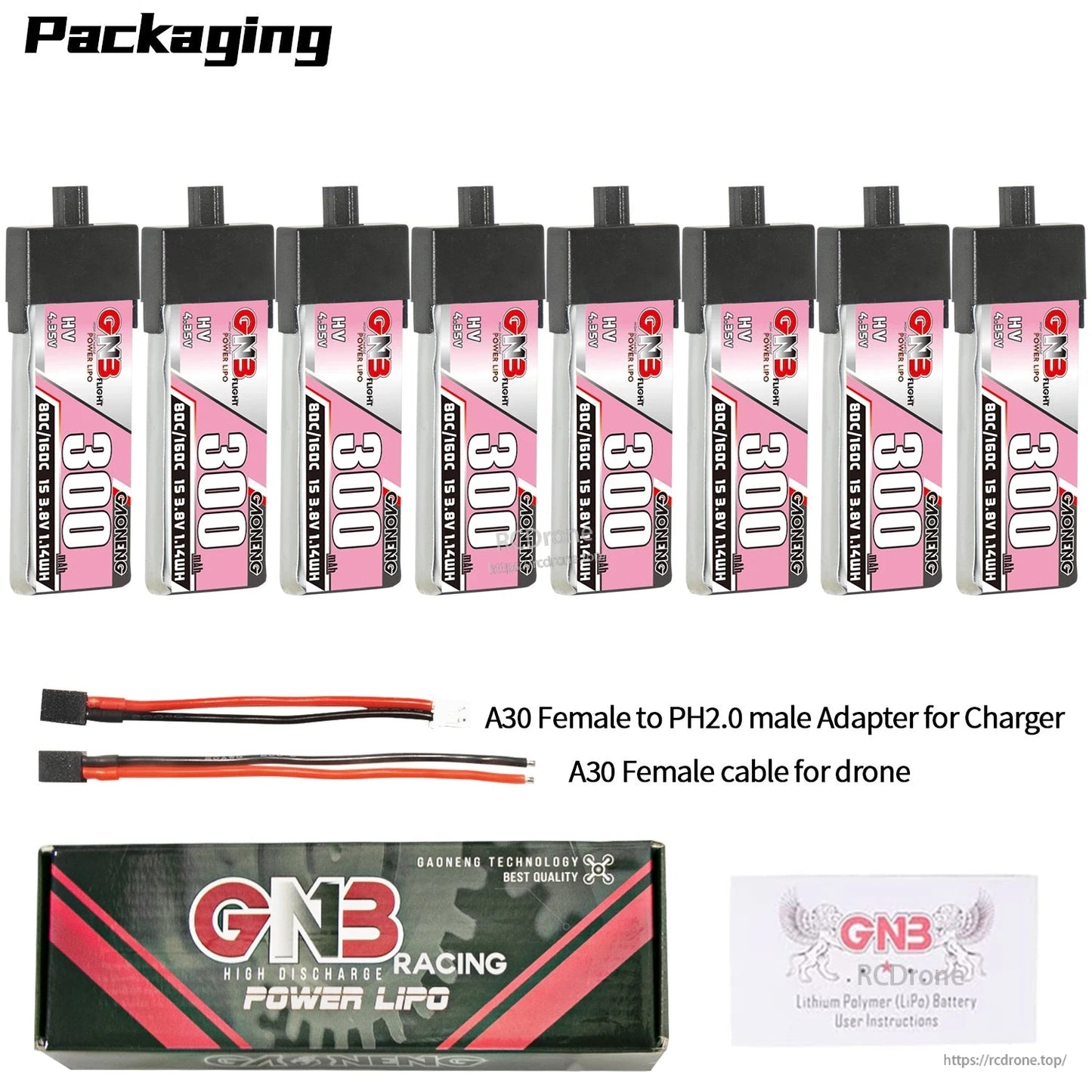 Packaging contents: eight 300mAh HV batteries with A30-to-PH2.0 adapter lead, A30 female lead, box, leaflet