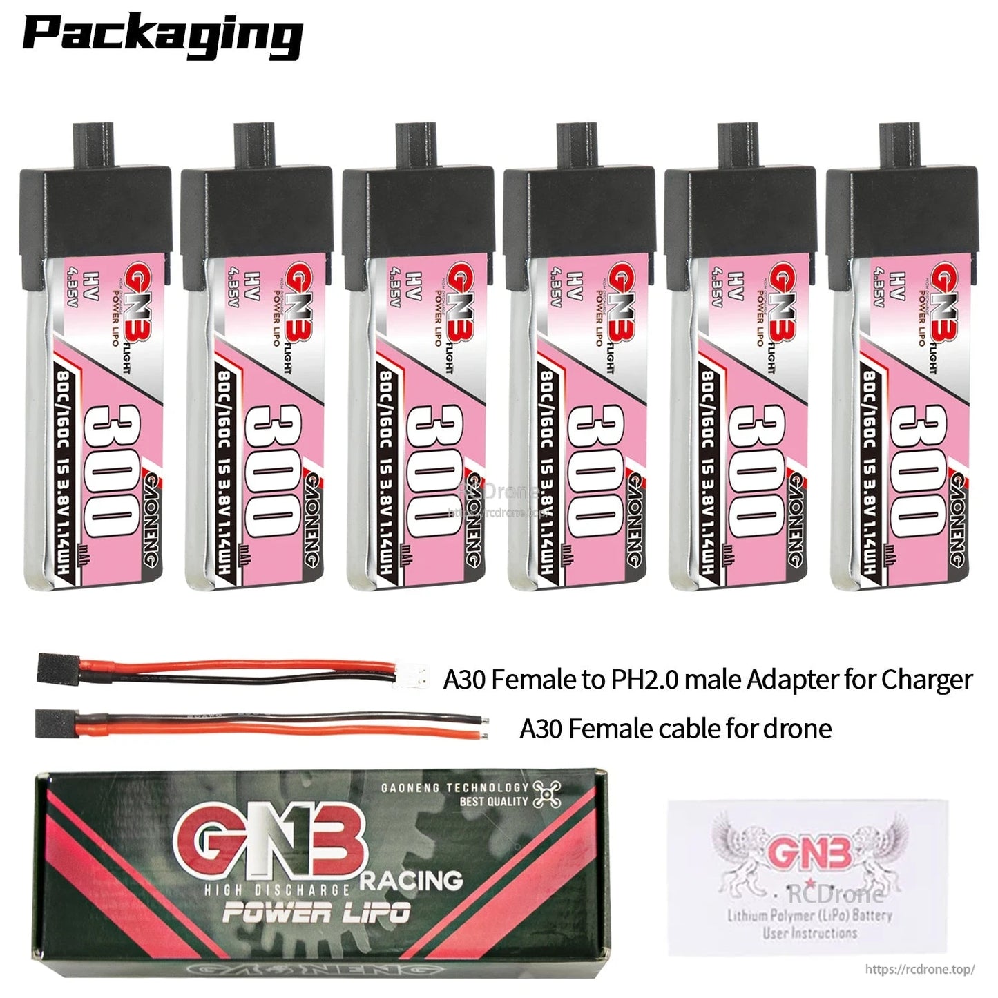 Packaging contents: six 300mAh HV batteries with A30-to-PH2.0 adapter lead, A30 female lead, box, leaflet