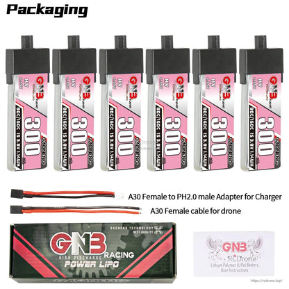 Packaging contents: six 300mAh HV batteries with A30-to-PH2.0 adapter lead, A30 female lead, box, leaflet